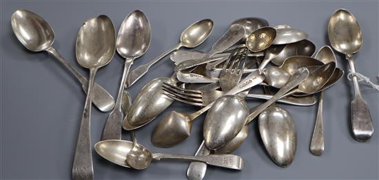 A small group of assorted 19th century and later silver flatware, mixed dates and makers, 24 oz.